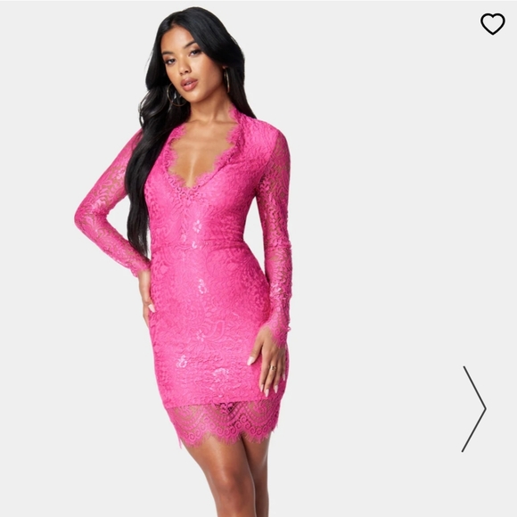 Bebe Scallop Lace Open Back Mini Stretch Dress Hot Pink NWT Medium Long Sleeve - Picture 2 of 11